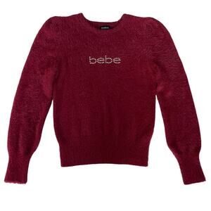Bebe Rhinestone Logo Fuzzy Soft Sweater Retro 90s Pomegranate M